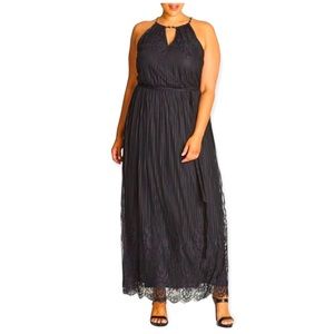 CITY CHIC Black Halter Neck Striped Lace Maxi Dress Plus Size L/20 Boho Chic